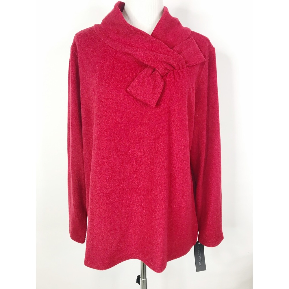 Trisha Tyler Sweater Womens 1X Red Pullover Knit Bow Wrap Neck Artsy Holiday
